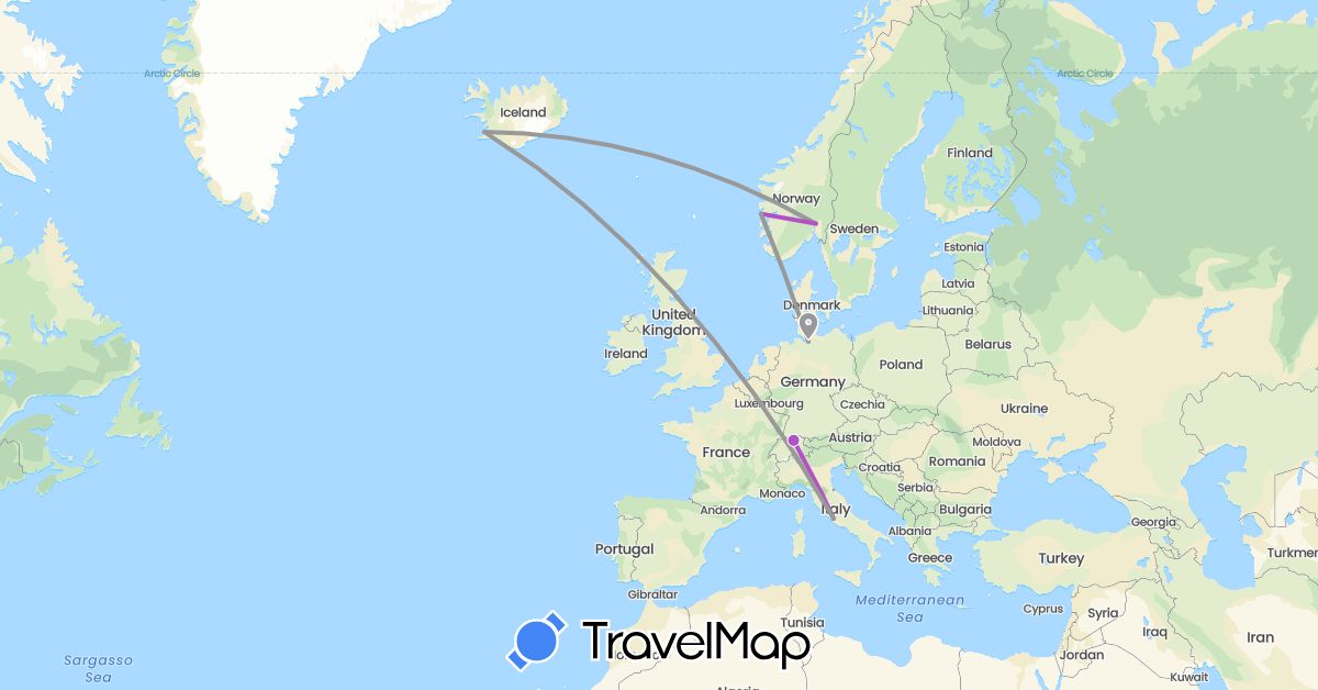 TravelMap itinerary: driving, plane, train in Switzerland, Germany, Iceland, Italy, Norway (Europe)